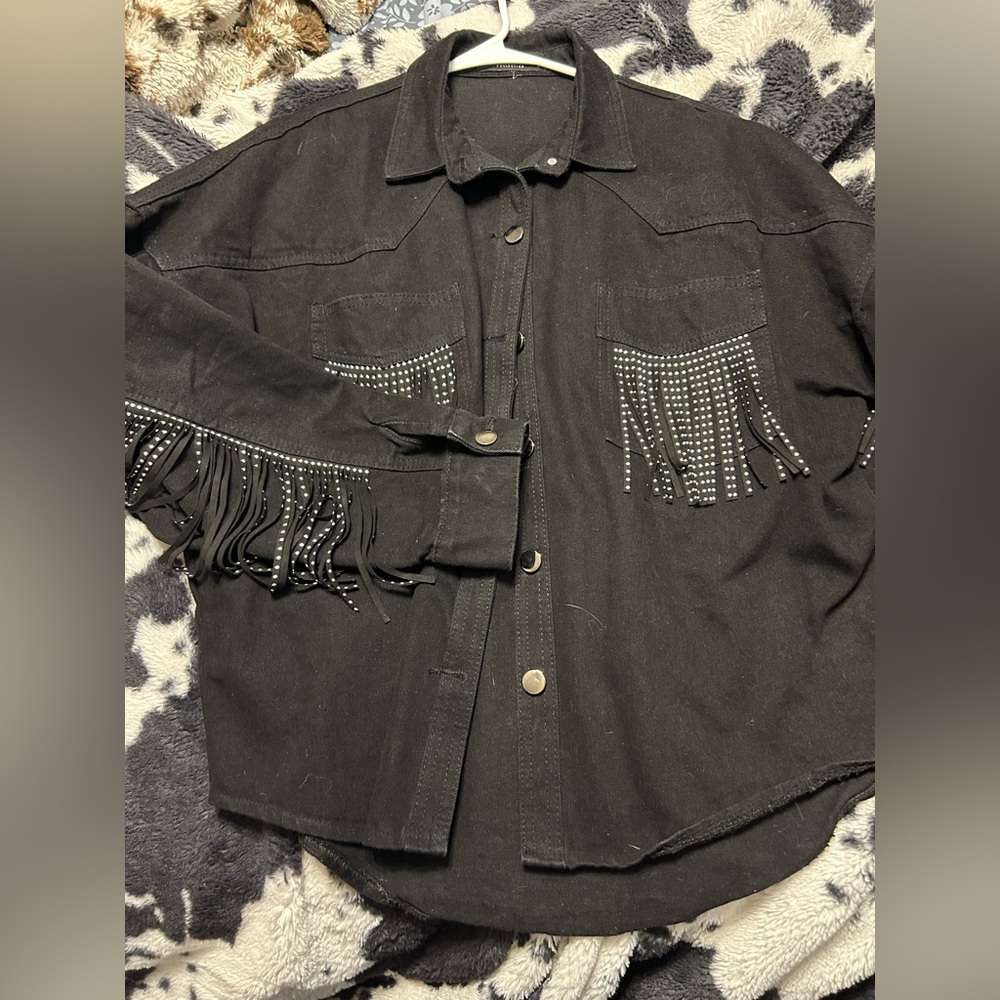 Denim Jacket with Fringe & Rhinestones
